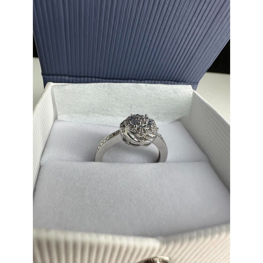 Round Brilliant Natural Diamond Halo Ring with Sterling Silver Band